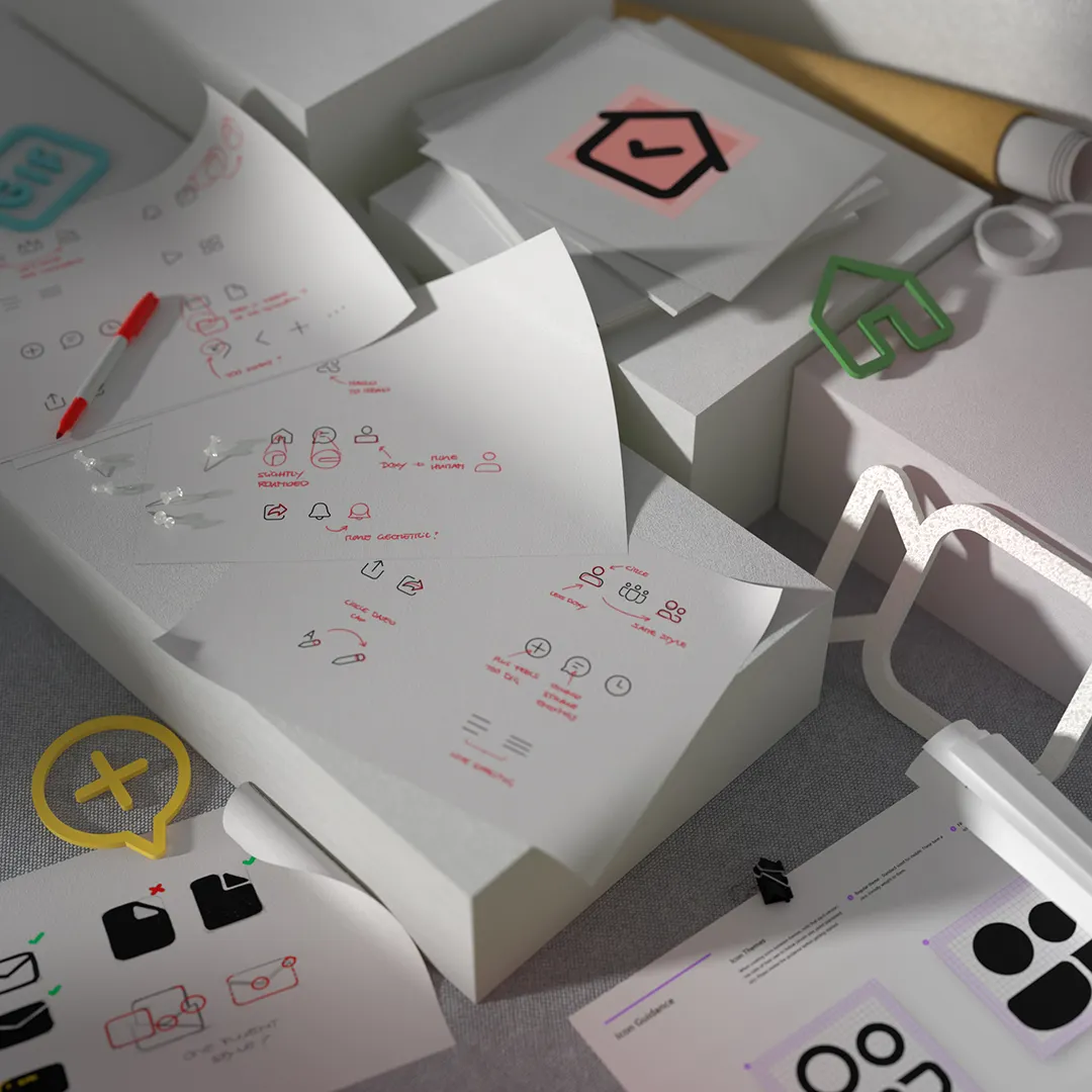 Fluent icon design sketches and 3D elements