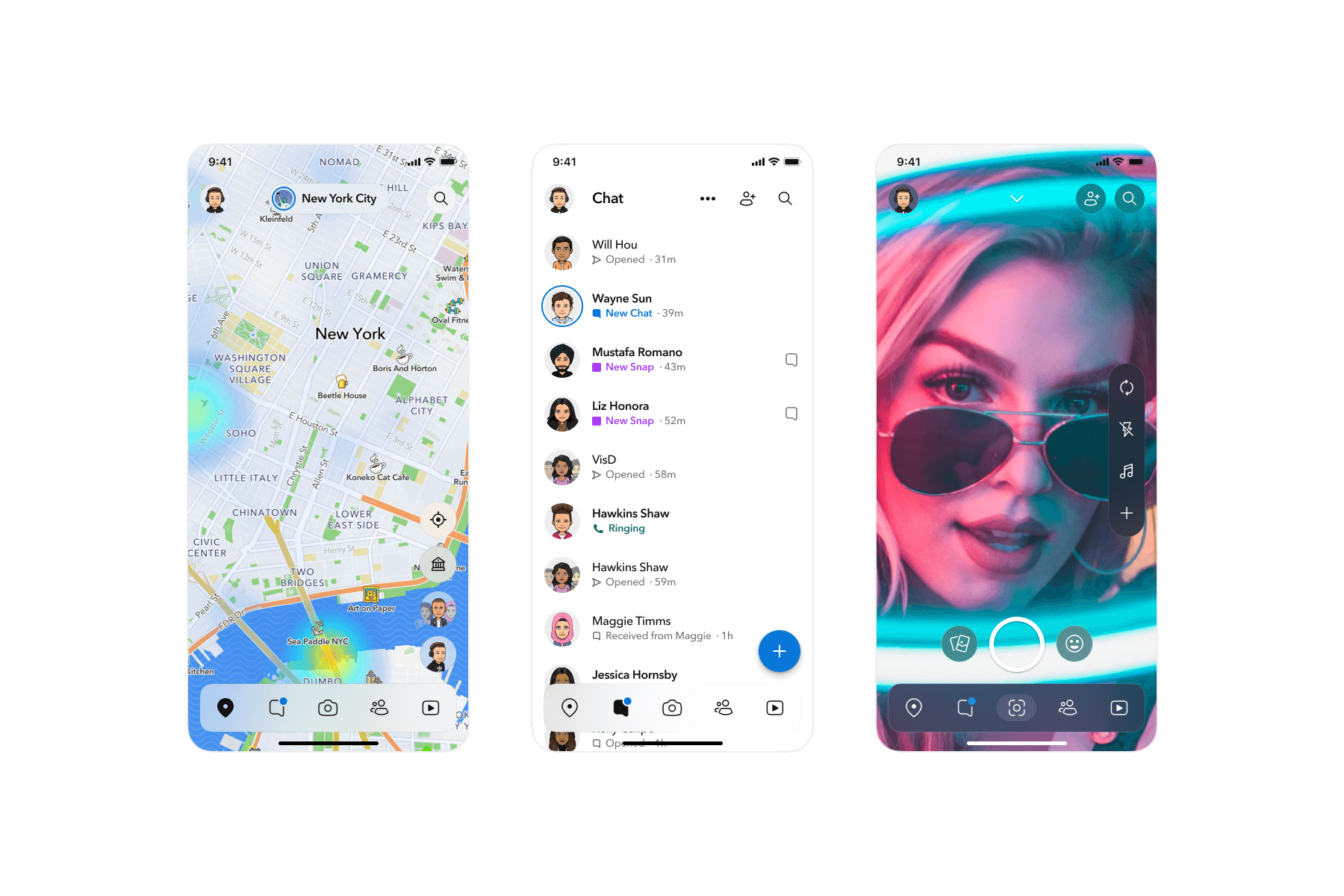Snapchat surfaces — map, chat, camera, stories and spotlight in light mode